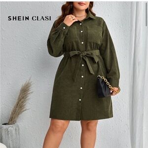 SHEIN Olive Green Belted Mini Dress